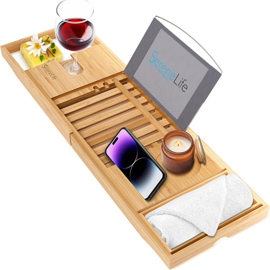 Luxury Bamboo Bathtub Caddy Tray - Adjustable Natural Wood Bath Tub Organizer with Wine Holder, Cup Placement, Soap Dish, Book Space & Phone Slot for Spa, Bathroom & Shower - SLBCAD20