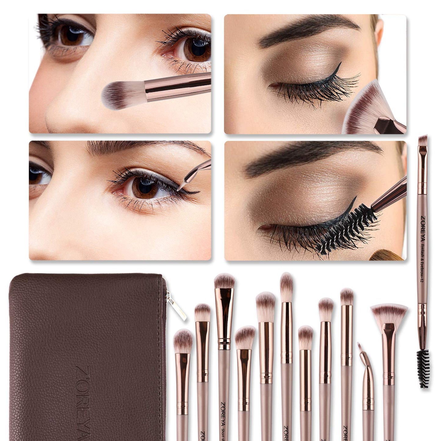 Eye Makeup Brushes, 12 Pcs Professional Eye Brush Set Eyeshadow, Eyebrow, Blending, Fan, Eyelash Brush Set with Carrying Bag(Champagne Gold)