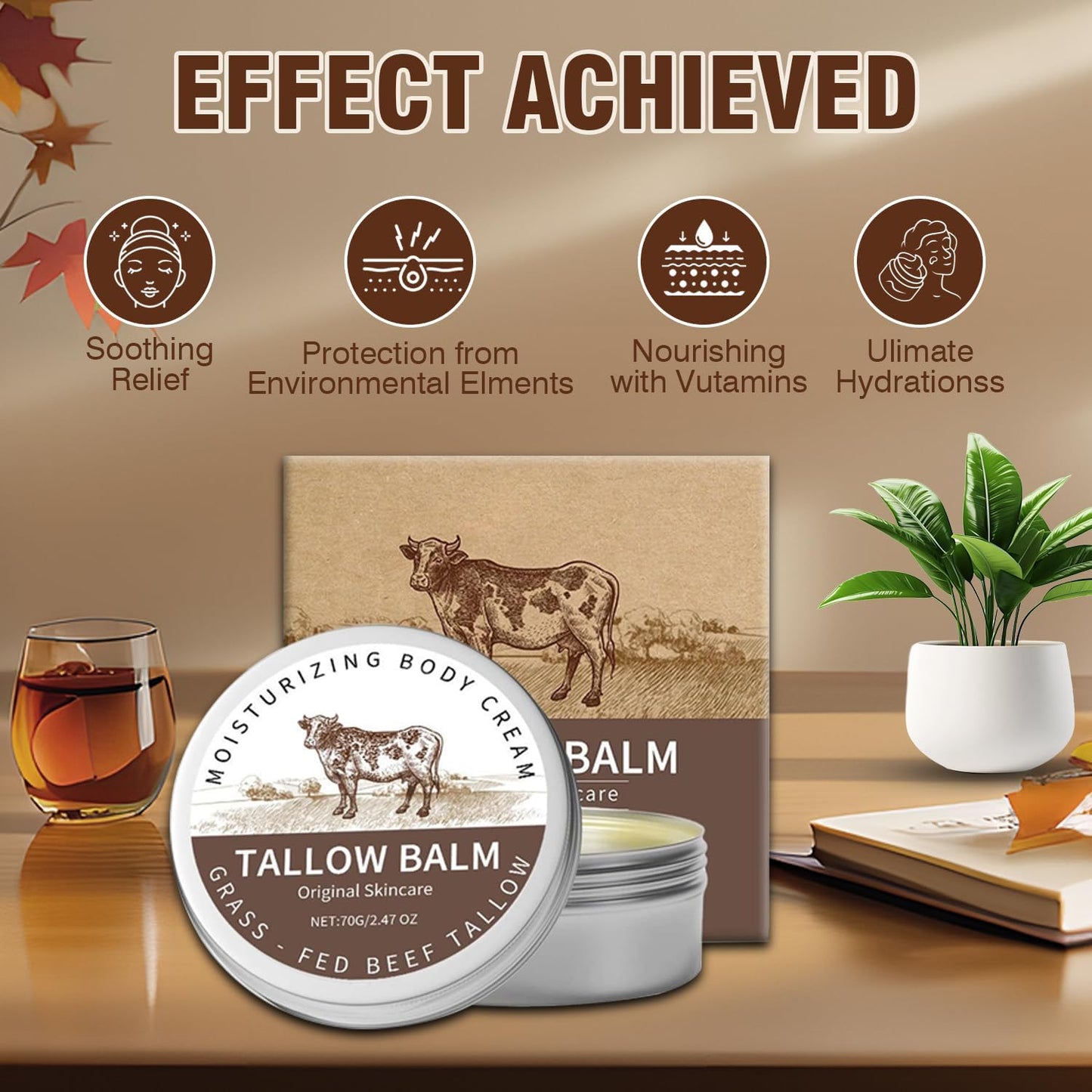 Beef Tallow for Skin, Beef Tallow for Face Moisturizer, Tallow and Honey Balm, Natural Moisturizer Body Cream, Natural Organic Grass Fed Beef Tallow for Body Moisturizer Skin Care for Sensitive Skin