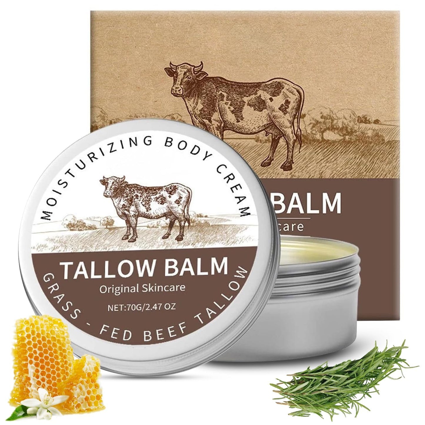 Beef Tallow for Skin, Beef Tallow for Face Moisturizer, Tallow and Honey Balm, Natural Moisturizer Body Cream, Natural Organic Grass Fed Beef Tallow for Body Moisturizer Skin Care for Sensitive Skin