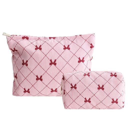 2PCS Cute Corduroy Makeup Bag for Women, Small Makeup Bag Set Travel Toiletry Bag Coquette Cosmetic Bag Bow Makeup Bag Portable Versatile Zipper Pouch-Pink