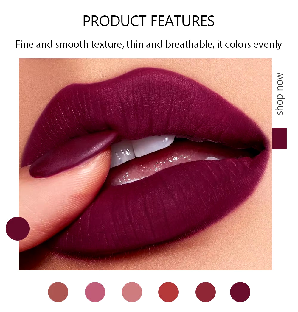 6-Color Matte Lipstick , Non-Fading, Non-Stick Cup Long-Lasting Velvet Finish, Smooth Matte Lip Color Waterproof Smudge-Proof