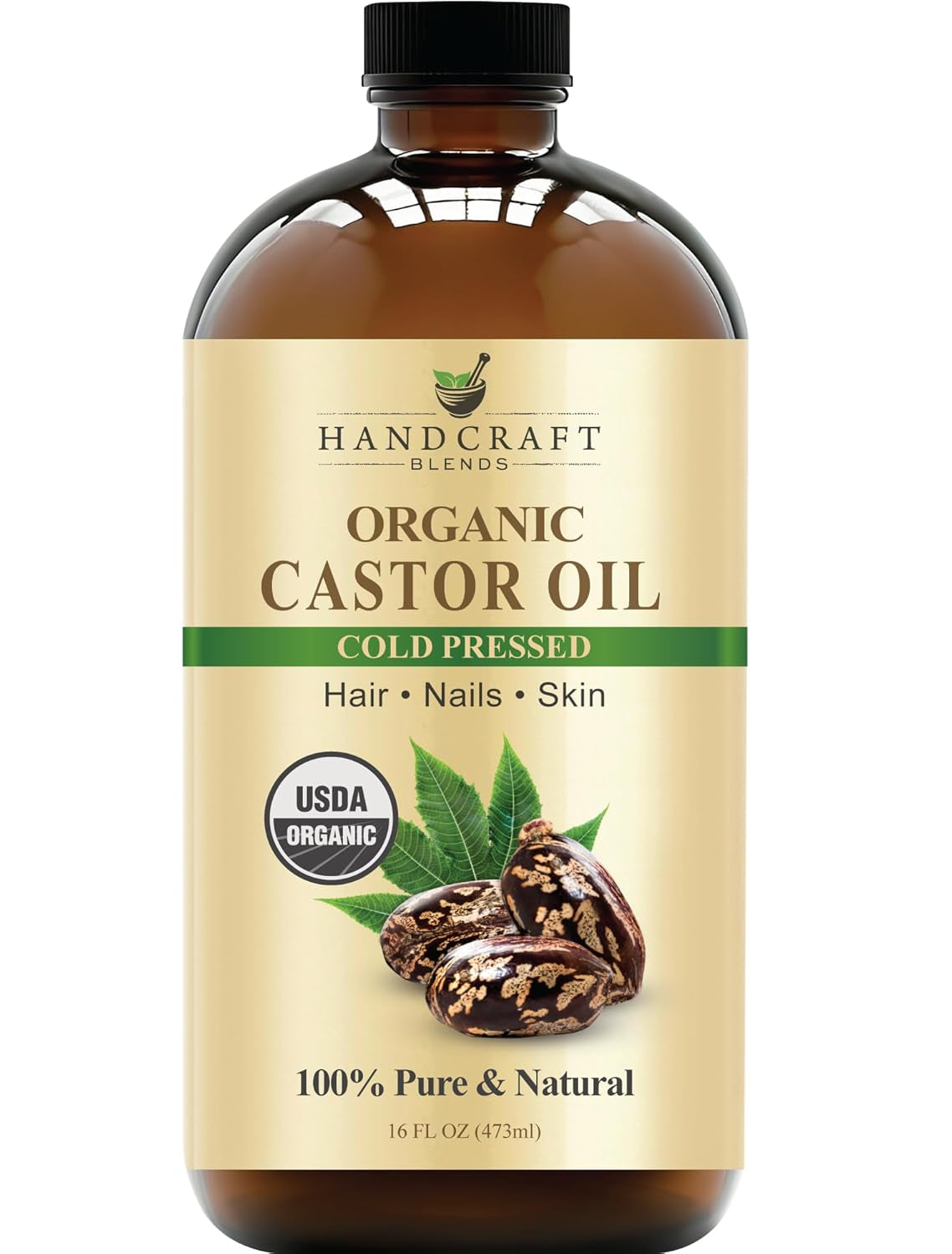 Cold-Pressed Organic Castor Oil in Glass Bottle - 16 Fl Oz - 100% Pure and Natural - Premium Grade Carrier Oil for Hair Growth, Eyelashes and Eyebrows - Hair and Body