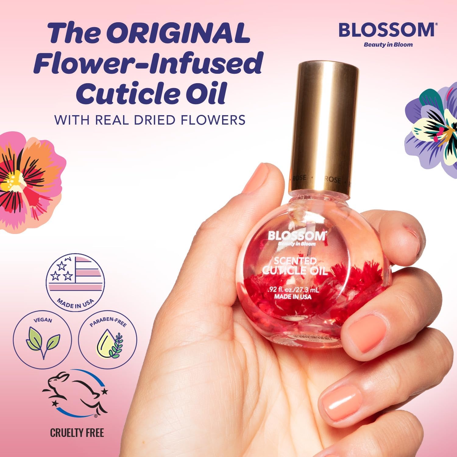 Cuticle Oil for Nails, Hydrating, Moisturizing, Scented Nail Oil Cuticle Care, Infused with Real Flowers, Made in USA, 0.5 Fl. Oz, Rose