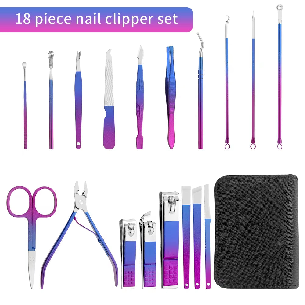 Manicure Set, Stainless Steel Gradient Professional Pedicure Kit Nail Scissors Grooming Kit with Travel Case