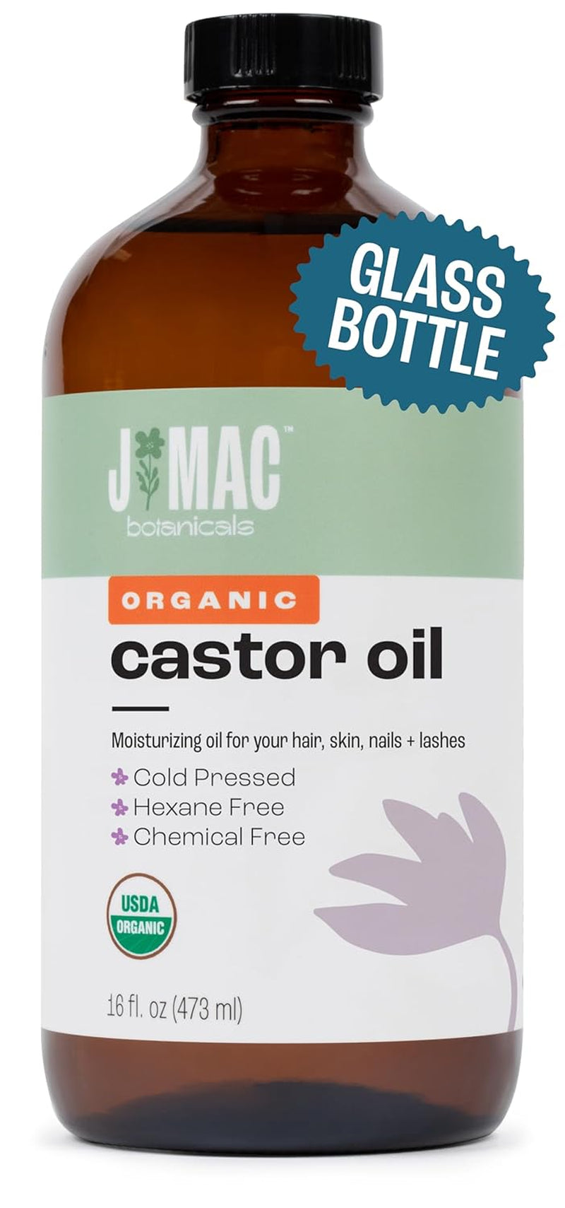 , Organic Castor Oil Cold Pressed (Glass Bottle, 16 Oz) Pure Unrefined, Hexane Free for Face, Skin, Eyelashes, Pack Wraps, Pads