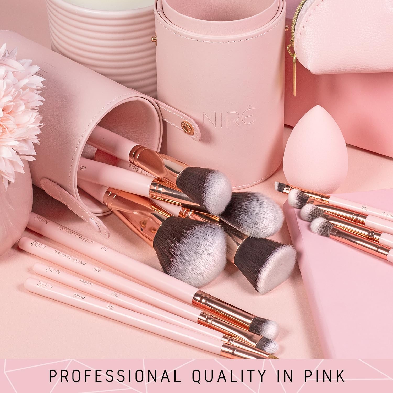 Beauty 15Piece Award Winning Pink Makeup Brushes: Pink Makeup Brush Set with Case, Makeup Sponge, Brush Cleaner, Guide, Gift Box