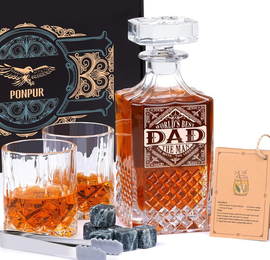 Gifts for Men Dad, Whiskey Decanter Set with 2 Glasses, Unique Cool Dad Birthday Gift from Daughter Son, Best Christmas Retirement Present for Man Father